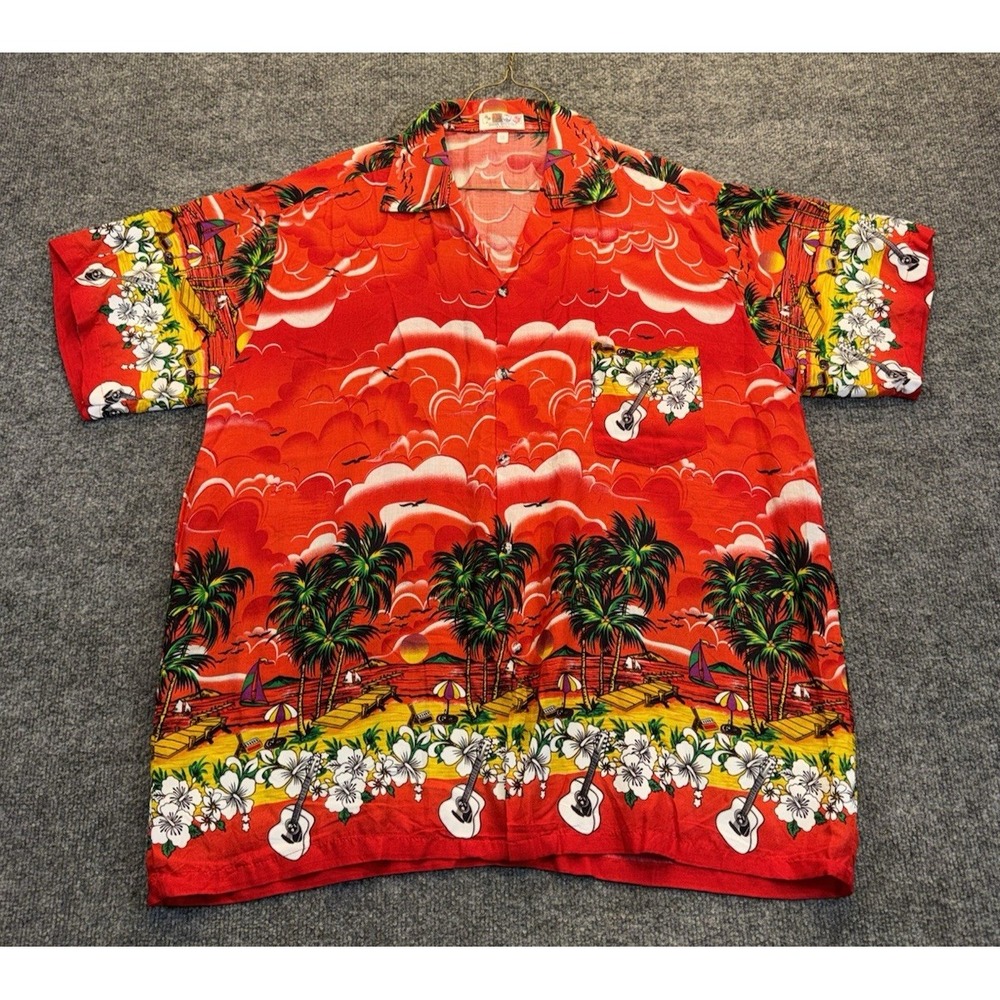 Vintage Hawaiian Shirt Men's Size 2XL Red Beach Guitar Aloha Camp Shirt